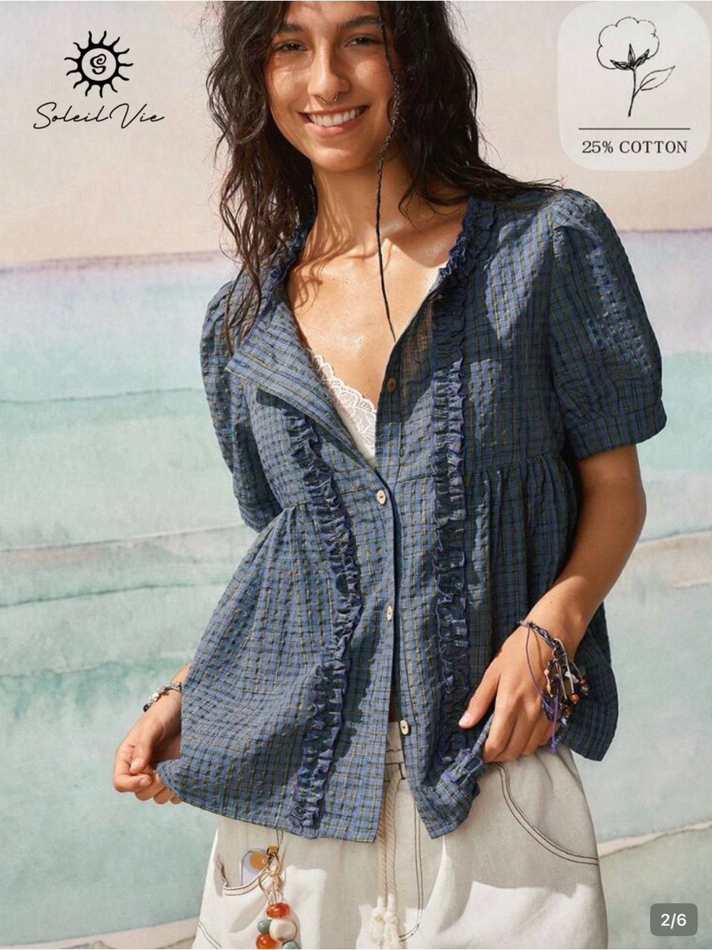 Blue Ruffle-Trim Button Front Women's Top